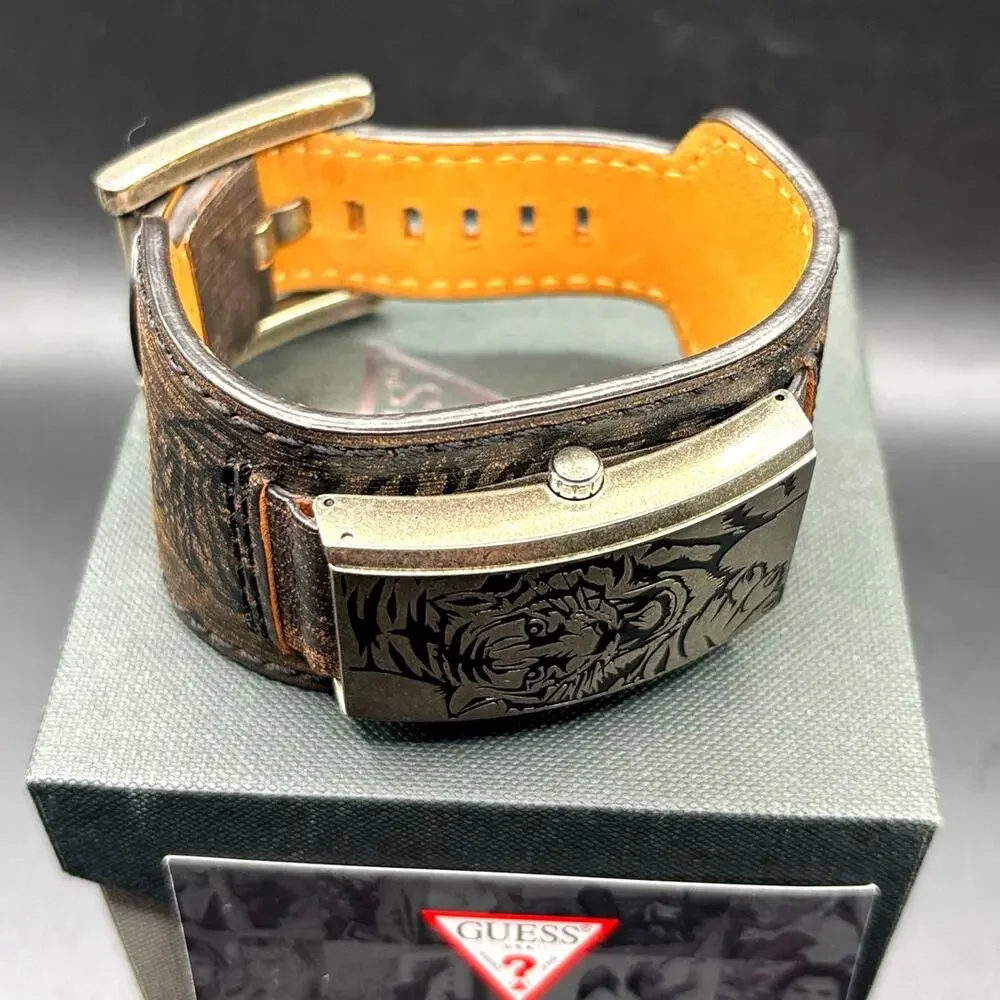 Vintage GUESS G55342L Armored Tiger Leather Cuff Flip Cover Y2K Watch
